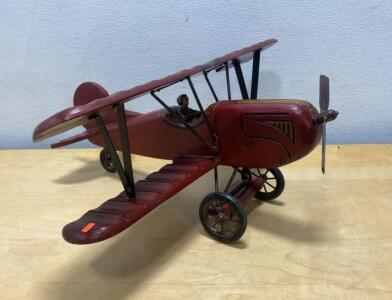 Decorative Wooden Biplane Model with Pilot Figure - Red, Metal Wheels, Handcrafted 30&rdquo;x14&rdquo;x28&rdquo;