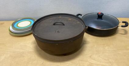 Lodge 14-Inch Camp Dutch Oven, 10 Qt Capacity, Cast Iron, Flanged Lid, Made in USA