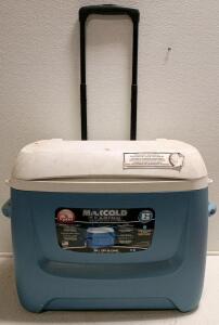 Igloo MaxCold Premium 62 Qt Rolling Cooler, Telescoping Handle, 6-Day Ice Retention, Blue/White