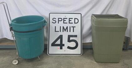 (1) MUTCD-Compliant Speed Limit 45 Sign, 24"x30", Aluminum, High Intensity Prismatic Reflective (2) Commercial Round and Rectangular Trash Cans w/ Dollies, 32-44 Gallon, Heavy-Duty Plastic