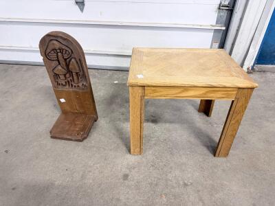 Vintage Hand-Carved Wooden Boot Jack with Mushroom Motif & Wooden Side Table