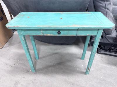 Distressed Teal Wooden Console Table, 34"x13", Rustic Style, One Drawer, Solid Wood Construction