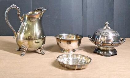 (1) Vintage 10" Siver Plate Pitcher, (1) Vintage Siver Plate Butter Dish, (1) Vintage 6" Siver Plate Bowl & (1) Vintage 6" Siver Plate Dish