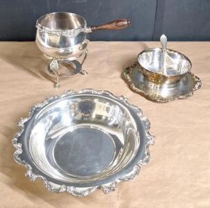 (1) Vintage Wallace Baroque Silver Plate Chafing Dish W/Wooden Handled Pot, (1) Vintage Wallace Baroque Silver Plate Wallace 6" Serving Bowl W/ Attached Underplate & (1) Vintage Wallace Baroque Silver Plate 11" Serving Bowl