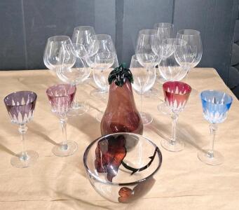 (4) Colored Lead Crystal Wine Glasses, (10) Assorted Clear Wine Glass, (1) Decorative Glass Bowl & (1) Decorative Glass Eggplant