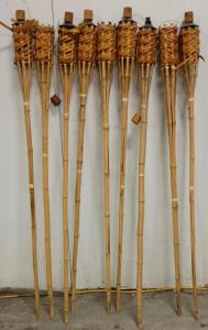 60" Bamboo Tiki Torches, Set of 9, Natural Finish, Metal Oil Reservoir, Snuffer Cap