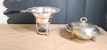(1) Vintage Silver Plate 2-piece Chafing Dish & (1) Vintage 10" Silver Plate Serving Dish W/Lid