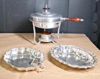 (1) Vintage Silver Plate 3-piece Chafing Dish & (2) 12" Oval Silver Plate Serving Platters