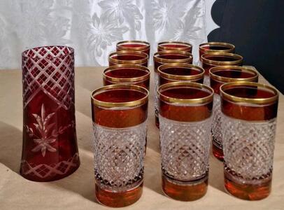 Set Of (12) Ruby & Gold Flashed, Diamond Point Lead Crystal Tumblers & (1) Cut Ruby Glass Candle Chimney
