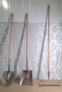 (1) Round Nosed Shovel, (1) Square Nosed Shovel & (1) Hard Rake