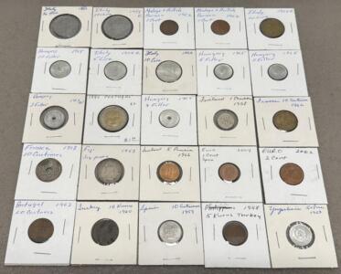 (25) Piece World Coin Collection: Portugal 1990, Hungary 1965, Italy 1952, France 1918, Yugoslavia 1953
