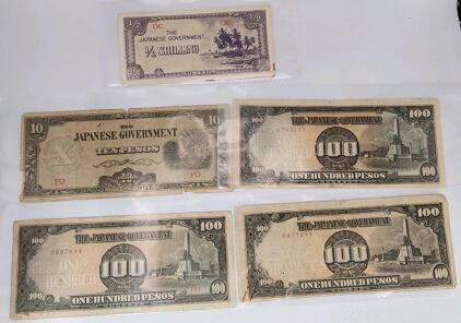 WWII Japanese Government-Issued Banknotes: &frac12; Shilling, 10 Pesos, 100 Pesos