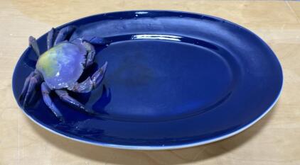 Bang Workshop Ceramic Platter with 3D Crab, Blue Hand-Painted, Signed Artist &mdash; 22" Studio Art Plate
