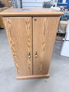 Oak Media Storage Cabinet, Locking Doors, Brass-Ceramic Handles, 30"x15"x45"