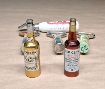 (1) Vintage Hennessy Bottle Shaped, Pop Out Bottle Cap Opener, (1) Vintage Old Crow Bottle Shaped, Pop Out Bottle Cap Opener & (4) Vintage, Wooden Handled Bottle Cap Openers