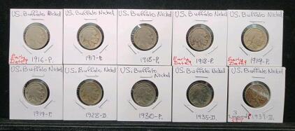 (10) 1916-1937 Minted U.S. Buffalo Nickel Coins