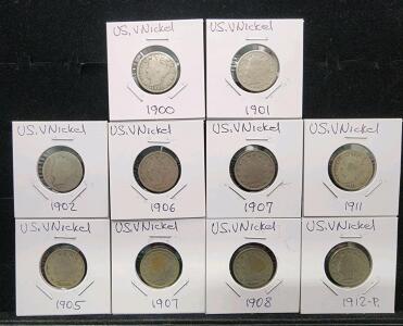(10) 1900-1912 U.S. V Nickel Coins