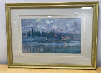Framed Landscape Print, Gold Carved Wood Frame, Glass, 41&rdquo;x30", Impressionist Style, #1946