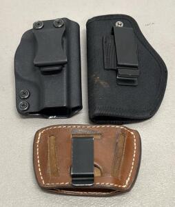 Lot of 2 Pistol Holsters (Kydex, Nylon, IWB) & 1 Leather Magazine Pouch, Black/Brown, Belt Clips