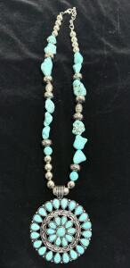 Howlite Tribal Turquoise Necklace Silver Toned