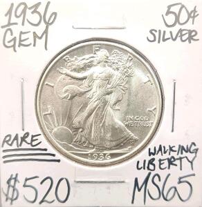 1936 MS65 RARE Gem Silver Walking Libery .50c