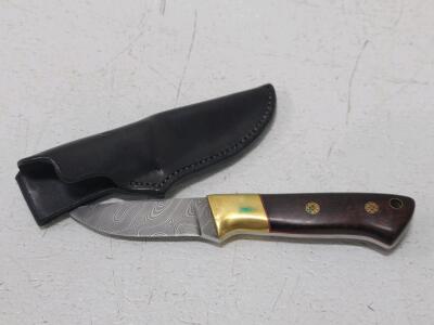 Damascus Steel Fixed-Blade Knife, 4" Blade, Wood Handle, Brass Bolster, Mosaic Pins, Leather Sheath
