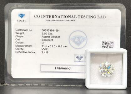Lab Grown 5.00ct D VVS1 Round Brilliant Diamond, Excellent Cut, Certified by GO International Testing Lab
