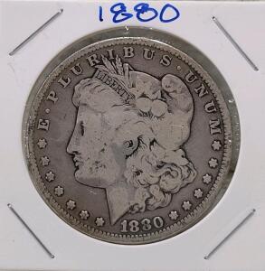 1880 Morgan Silver Dollar, Philadelphia Mint, 90% Silver, Circulated, Liberty & Eagle Design