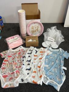 Baby Bundle &ndash; 4 Short-Sleeve Onesies With Animal Prints, Its A Girl Party Bundle, Fitted Mini Crib Sheets, Mouse Ear Kids Veil