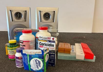 Assorted OTC Medications & Supplements with Pill Organizers &ndash; Coricidin, Calcium, Alka-Seltzer