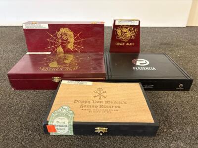 Pappy Van Winkle, Plasencia Alma Fuerte, Deadwood Leather Rose & Crazy Alice Empty Cigar Boxes