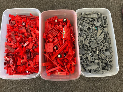 LEGOS~5,000 Pieces, Red & Gray, Bricks Plates Wheels Printed Fire Dept Tile, Storage Bins