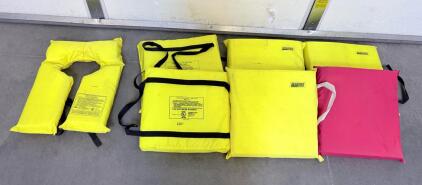 (1)Seachoice Type II Adult Life Vest Model 1110 & (6) Type IV Throwable PFD Cushions USCG Approved