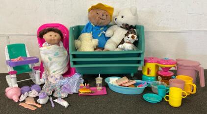 Cabbage Patch Kids Baby Doll, Plush Paddington Bear, Accessories, Play Food And Storage Bins