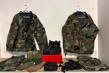 Military Woodland Camo Gear Set Size Medium &ndash; 2 M65 Jackets, 2 BDU Pants, ZenTec Boots, Voodoo Pouch & Holster