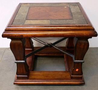 Square End Table with Wood and Slate Inlay, Metal Cross Braces, 24" x 24" x 24"