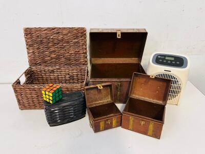 Small Vintage Metal Storage Box Set, Comfort Zone Digital Heater (Tested and Works), Wicker Storage Basket, Rubicks Cube, and iHome Bluetooth Speaker (No Power Source Unable to Test)