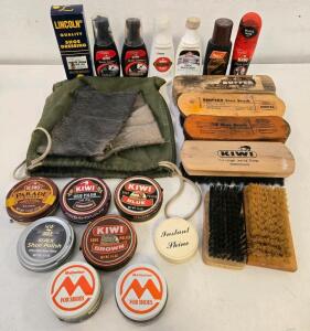 Vintage Multi-Brand Shoe Care Kit &ndash; Kiwi, Lincoln, Meltonian, Brushes, Polishes, Cloths, Bag