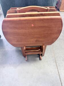 Set of 4 Wooden Folding TV Trays with Stand - Medium Brown Finish