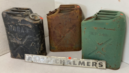 (3) Vintage Metal Gas Cans & Vintage Allis-Chalmers Metal Sign