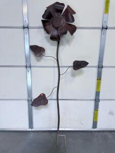 Large Metal Garden Flower Sculpture, 72" Tall, Rustic Brown Iron, Ground Stake Outdoor Decor