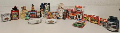 Lot of Coca-Cola and other Collectibles including: Buggs Bunny plate, Cat Plate, M&M's Dispenser, Small Cherub Collection, Bears Collection, Vintage Farm Decor, Luke Skywalker figure.