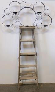 Decorative Wall Mounted 5 Candle Holder Black Metal 36"x24" & 5' Wooden Step Ladder