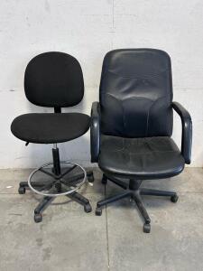Pair of Black Office Chairs &ndash; Drafting Stool with Foot Ring & Executive Leatherette Chair, Adjustable Height