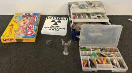 Operation Board Game (2003), 2 Fishing Tackle Boxes, Deer Ornament, & Radiation Sign