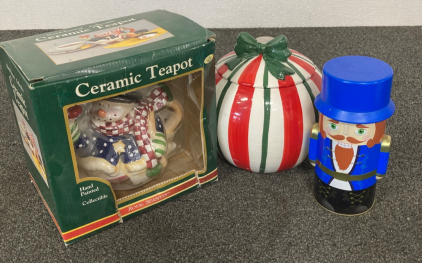 Ceramic Hand-Painted Snowman Tea Pot & (2) Other Christmas-Themed Containers