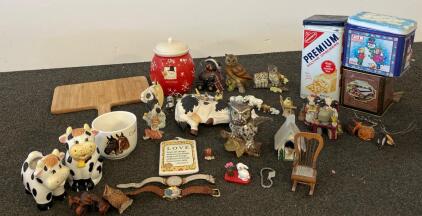 Mixed Lot: Vintage Animal Figurines, Holiday Tins, Ceramic Cow Set, Kitchenware, Watches