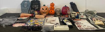 Large Halloween Decoration Lot w/ Tombstones, Light-Up Pumpkins, String Lights, Masks & Props