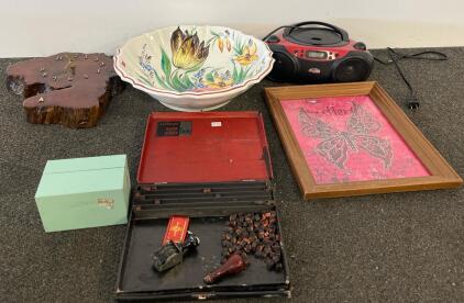 Live Edge Wood Wall Clock, Hand-painted Ceramic Bowl, Boombox, Framed Art, Rubber Stamp Set