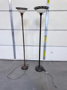 Bronze And Black Metal Torchiere Floor Lamps, 72 In, Decorative Glass Shade, Power Cord